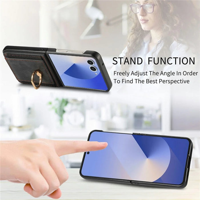 For Samsung Galaxy Z Flip8 Case Card Holder Retro Leather + PC Phone Cover with Ring Kickstand - Black - 7