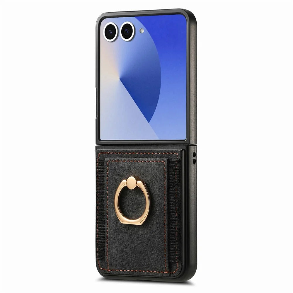 For Samsung Galaxy Z Flip7 5G Case Card Holder Retro Leather + PC Phone Cover with Ring Kickstand - Black - 2