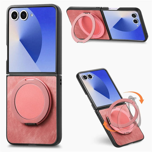For Samsung Galaxy Z Flip8 Stress Relief Retro Leather Back Cover Phone Case with Rotating Kickstand - Pink - 1