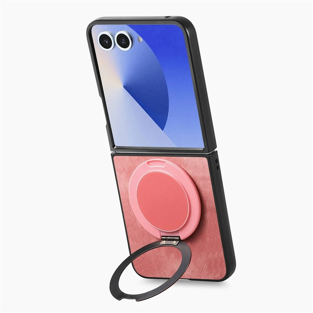 For Samsung Galaxy Z Flip8 Stress Relief Retro Leather Back Cover Phone Case with Rotating Kickstand - Pink - 3