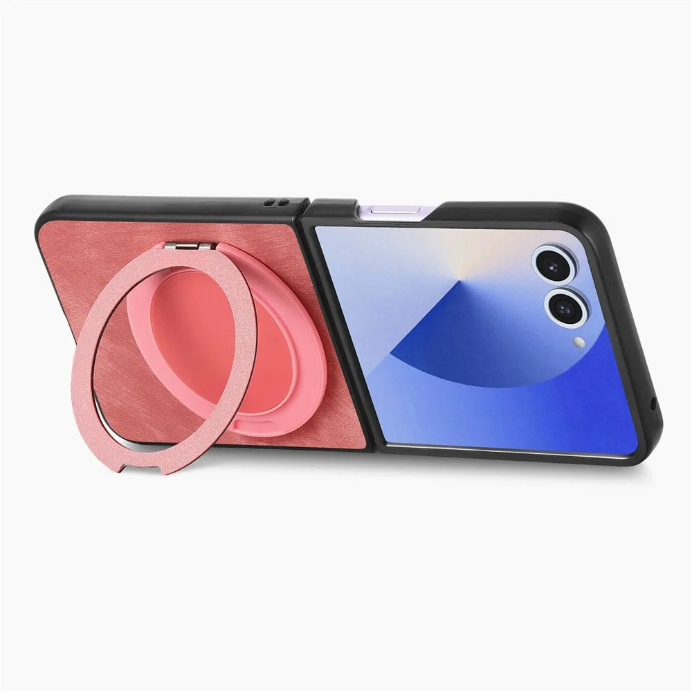 For Samsung Galaxy Z Flip8 Stress Relief Retro Leather Back Cover Phone Case with Rotating Kickstand - Pink - 4