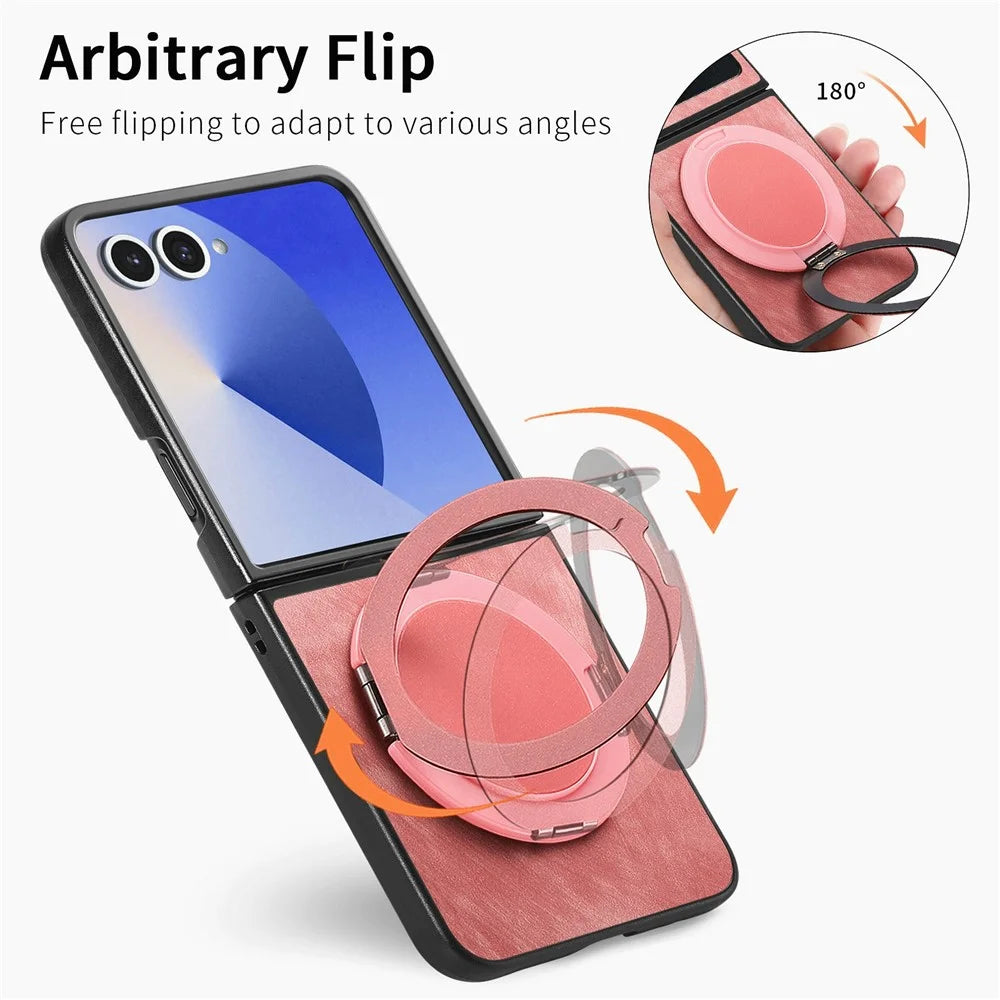 For Samsung Galaxy Z Flip8 Stress Relief Retro Leather Back Cover Phone Case with Rotating Kickstand - Pink - 5
