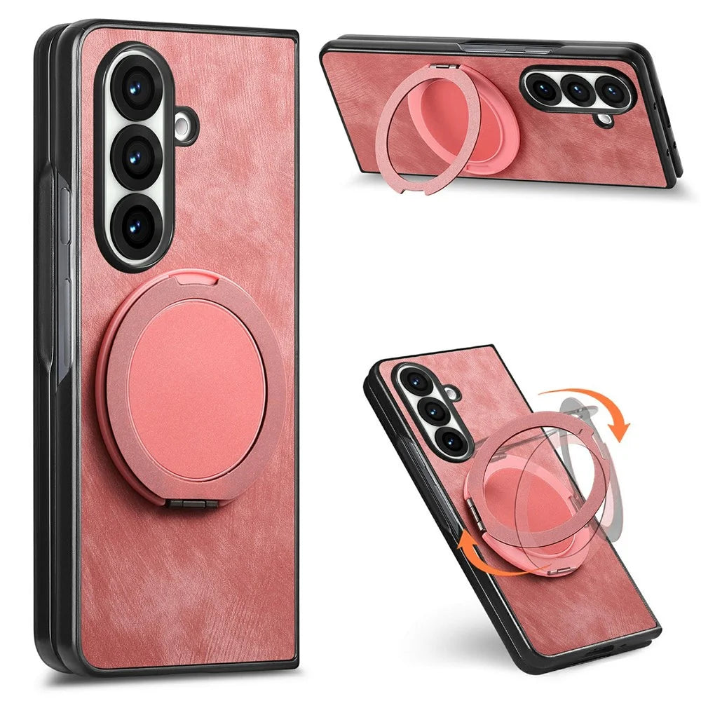 For Samsung Galaxy Z Fold8 Ultra Stress Relief Retro Leather Back Cover Phone Case with Rotating Kickstand - Pink - 1