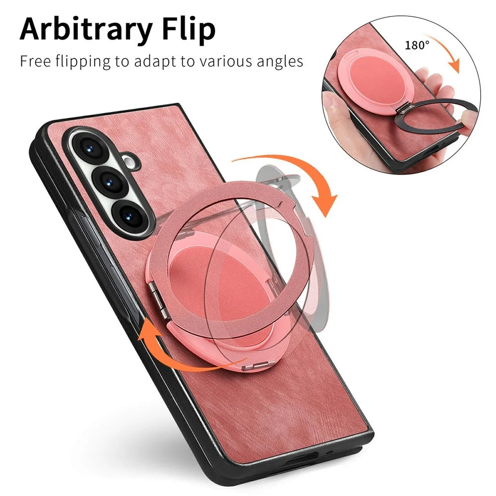 For Samsung Galaxy Z Fold8 Ultra Stress Relief Retro Leather Back Cover Phone Case with Rotating Kickstand - Pink - 7