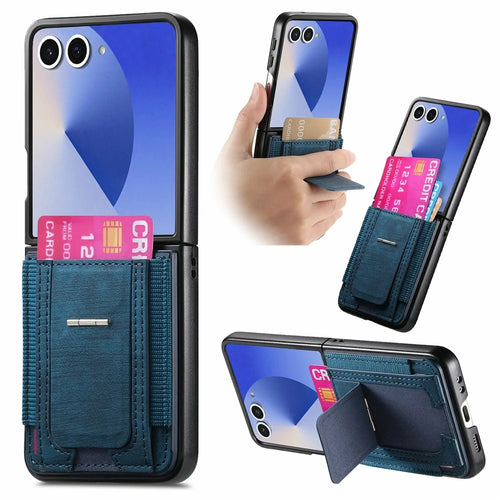 For Samsung Galaxy Z Flip8 Case Kickstand Retro Leather Back Cover with Card Holder - Blue - 1