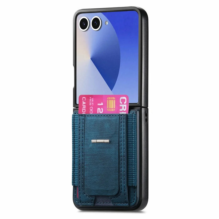 For Samsung Galaxy Z Flip8 Case Kickstand Retro Leather Back Cover with Card Holder - Blue - 2