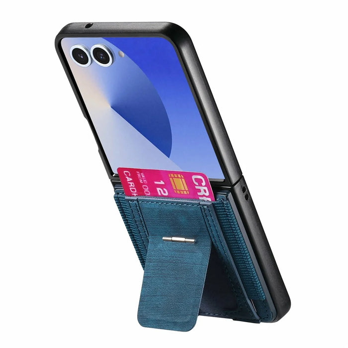 For Samsung Galaxy Z Flip8 Case Kickstand Retro Leather Back Cover with Card Holder - Blue - 3