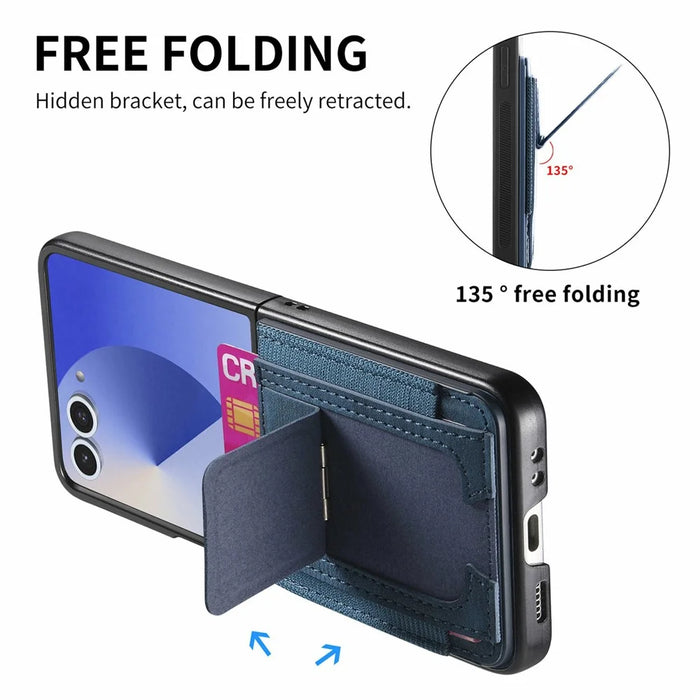 For Samsung Galaxy Z Flip8 Case Kickstand Retro Leather Back Cover with Card Holder - Blue - 5