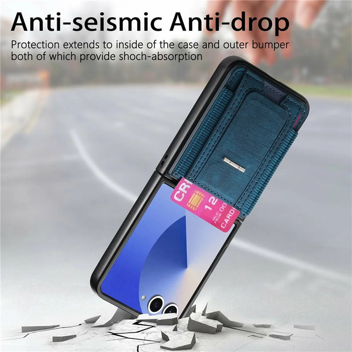 For Samsung Galaxy Z Flip8 Case Kickstand Retro Leather Back Cover with Card Holder - Blue - 6