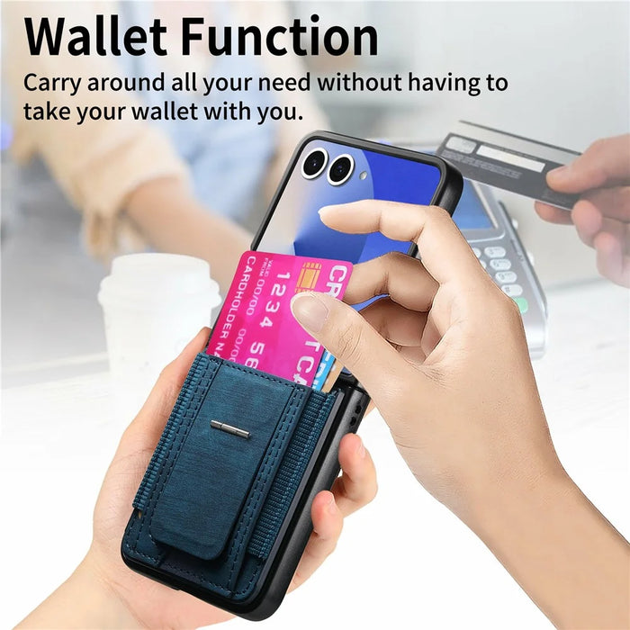 For Samsung Galaxy Z Flip8 Case Kickstand Retro Leather Back Cover with Card Holder - Blue - 7
