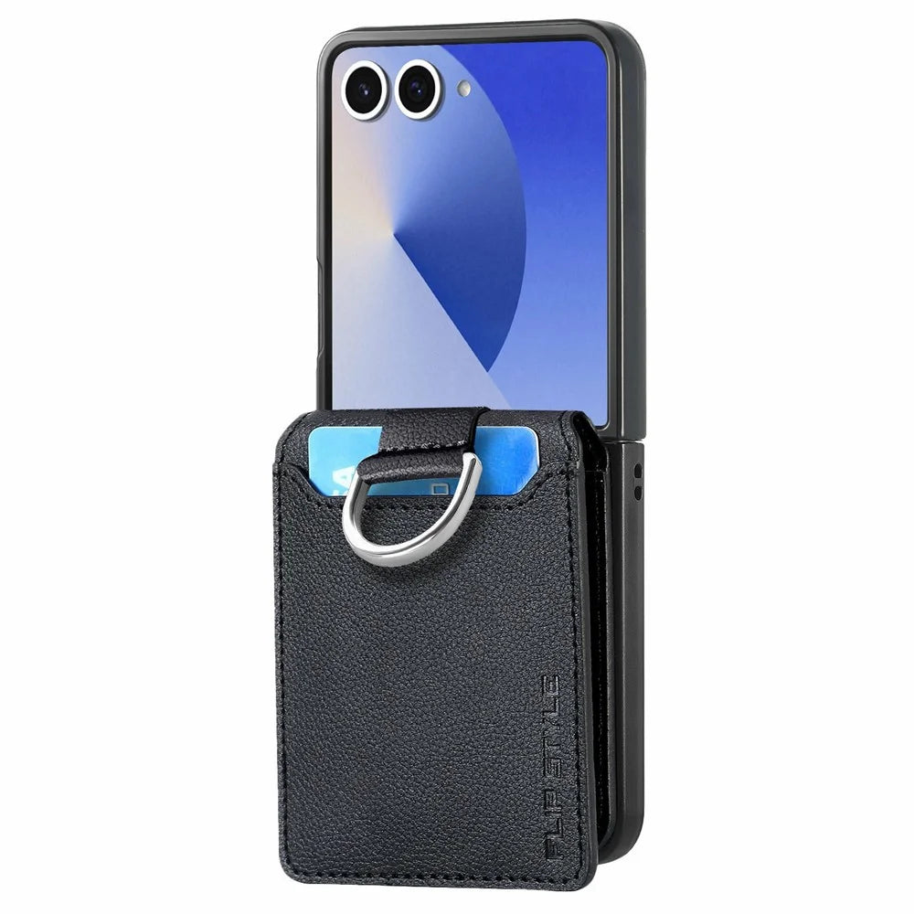 For Samsung Galaxy Z Flip8 Case Card Holder Kickstand PU + PC Phone Cover with Finger Ring - Black - 2