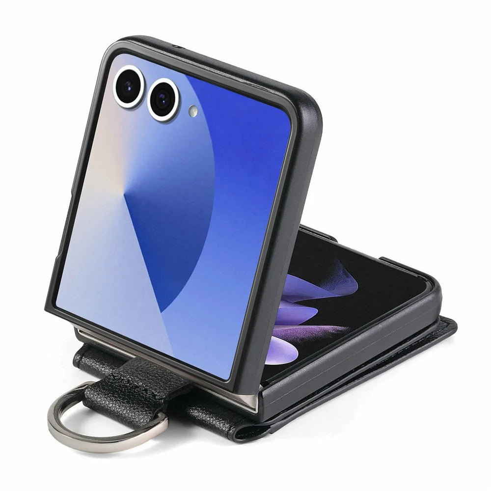 For Samsung Galaxy Z Flip8 Case Card Holder Kickstand PU + PC Phone Cover with Finger Ring - Black - 3