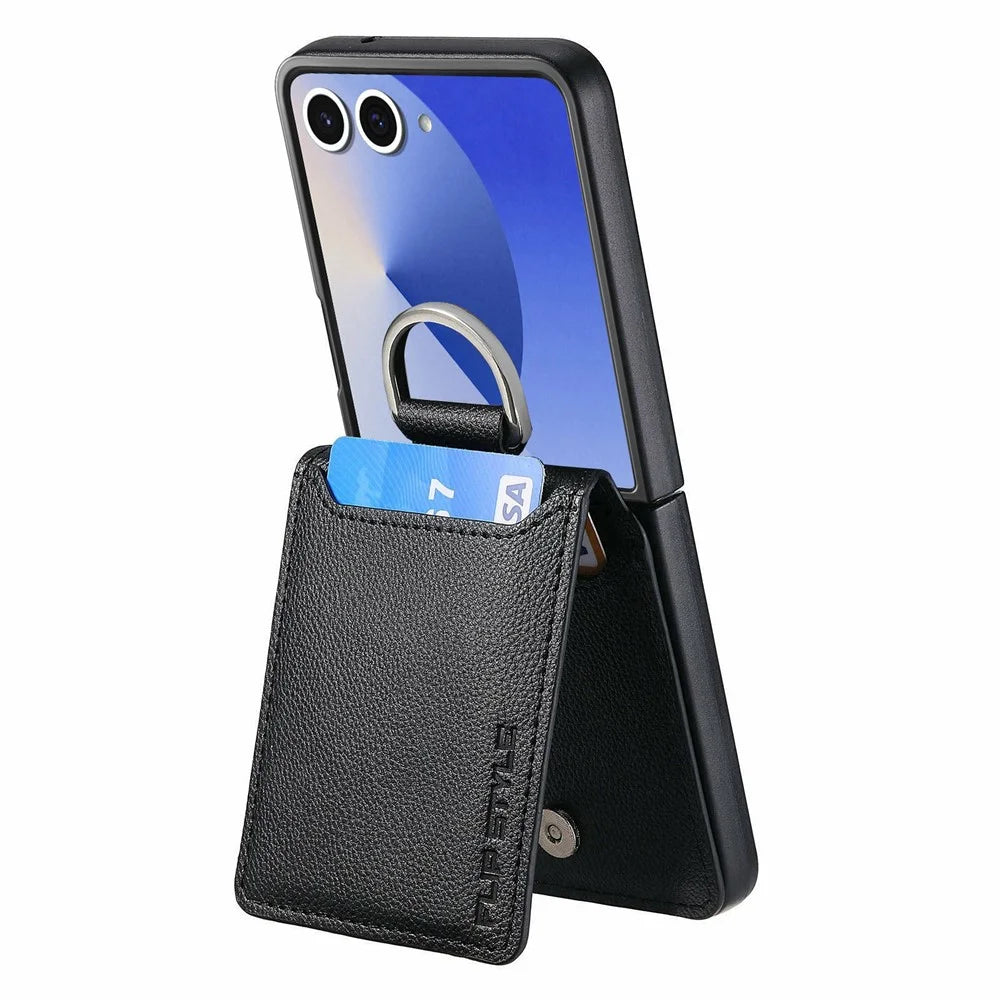 For Samsung Galaxy Z Flip8 Case Card Holder Kickstand PU + PC Phone Cover with Finger Ring - Black - 4