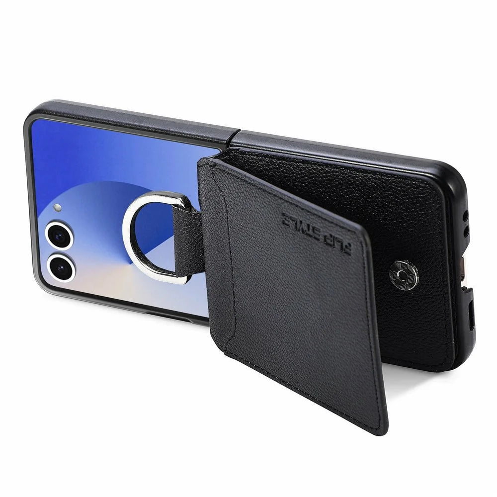 For Samsung Galaxy Z Flip8 Case Card Holder Kickstand PU + PC Phone Cover with Finger Ring - Black - 5