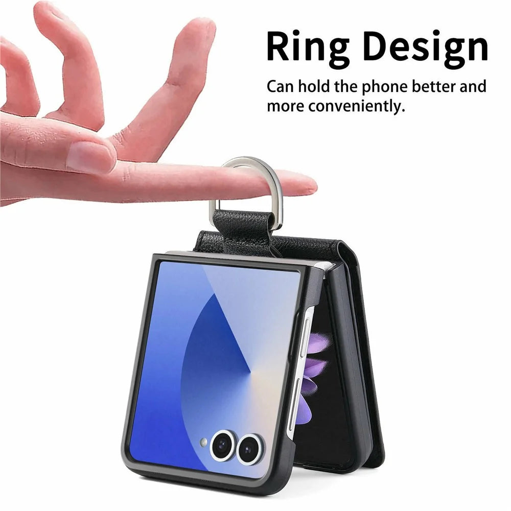 For Samsung Galaxy Z Flip8 Case Card Holder Kickstand PU + PC Phone Cover with Finger Ring - Black - 6