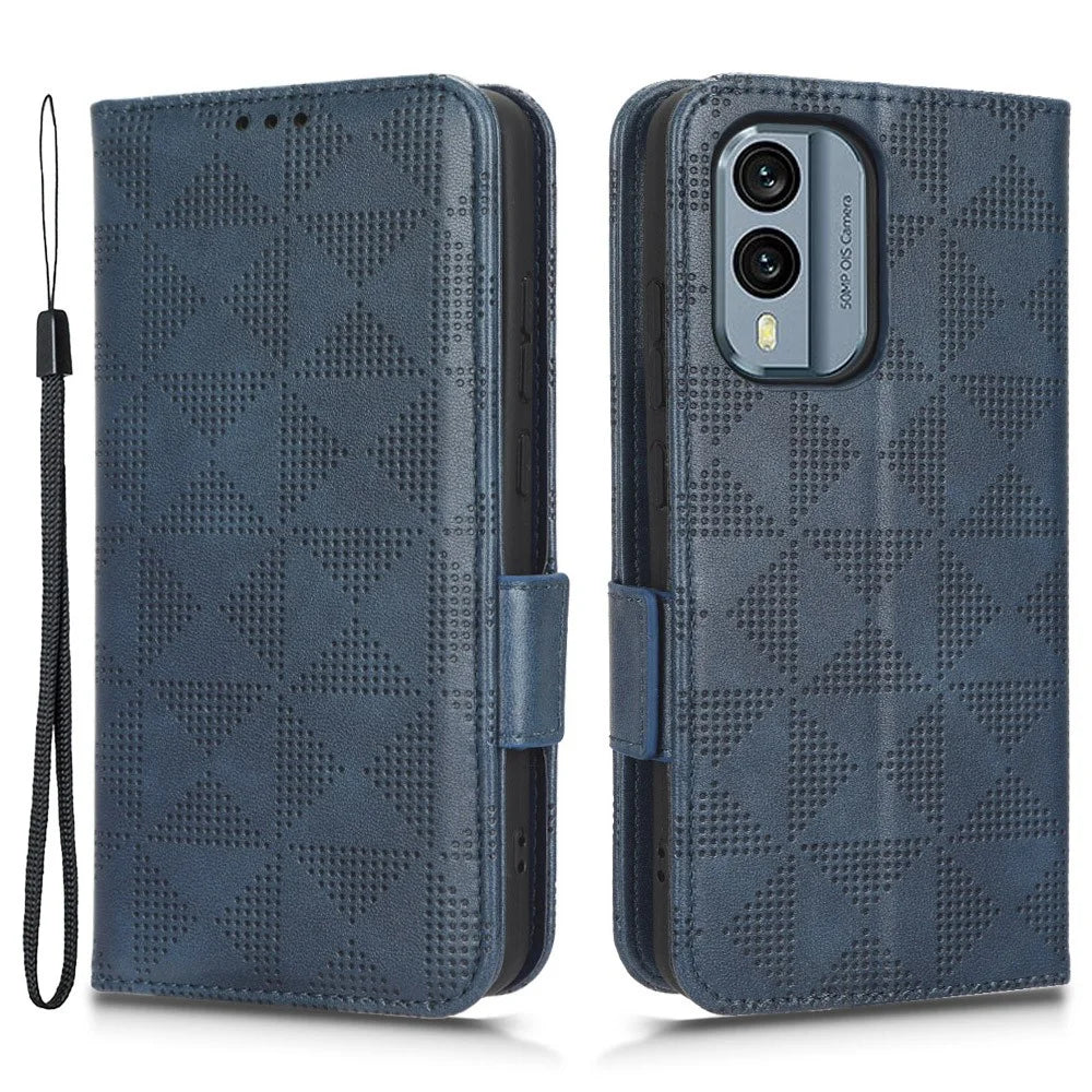 Protective Phone Cover For Nokia X30 5G, Imprinted Triangle Pattern PU Leather Wallet Stand Anti-scratch Case with Hand Strap - Blue - 1
