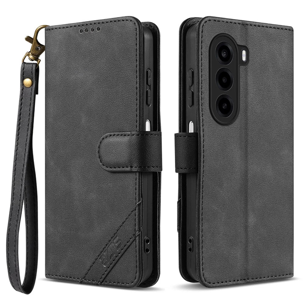 AZNS A2 for OnePlus Turbo 6X 5G Leather Case with Wrist Strap RFID Blocking Wallet Stand Phone Cover - Black - 1