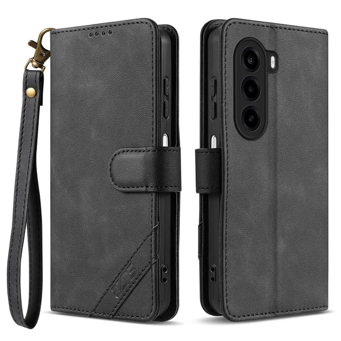 AZNS A2 for OnePlus Turbo 6X 5G Leather Case with Wrist Strap RFID Blocking Wallet Stand Phone Cover - Black - 1