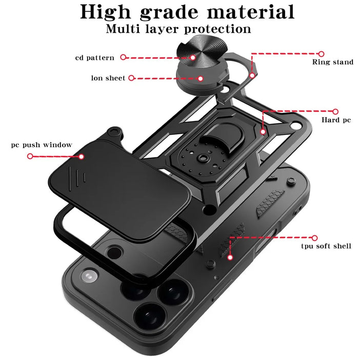 For iPhone 18 Pro / 17 Pro Case with Slide Camera Lid PC + TPU Kickstand Phone Cover - Black - 7