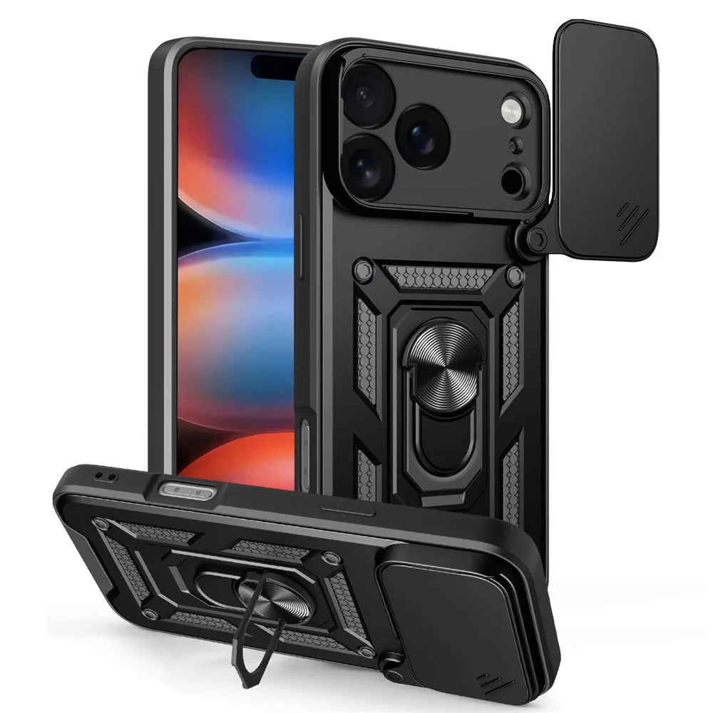 For iPhone 18 Pro Max / 17 Pro Max Case with Slide Camera Lid PC + TPU Kickstand Phone Cover - Black - 1