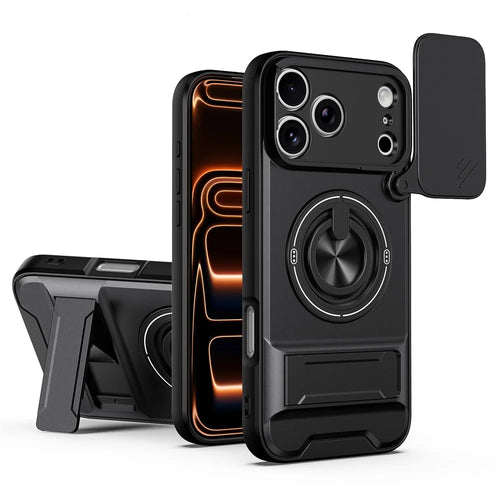 For iPhone 18 Pro / 17 Pro Magnetic Case Ring Holder Foldable Kickstand TPU PC Phone Cover with Camera Lens Slider - Black - 1