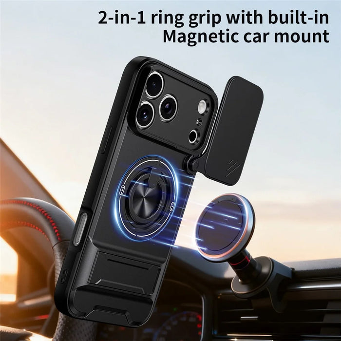 For iPhone 18 Pro / 17 Pro Magnetic Case Ring Holder Foldable Kickstand TPU PC Phone Cover with Camera Lens Slider - Black - 2