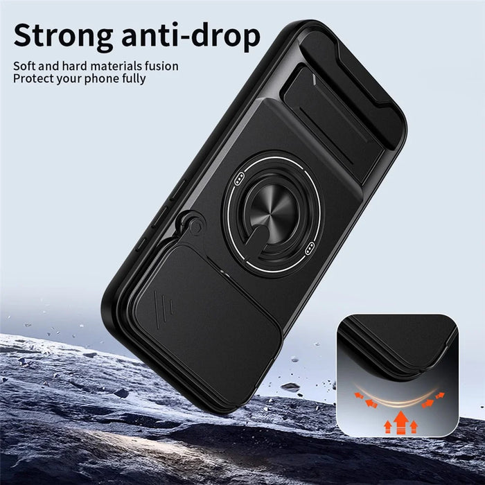 For iPhone 18 Pro / 17 Pro Magnetic Case Ring Holder Foldable Kickstand TPU PC Phone Cover with Camera Lens Slider - Black - 3