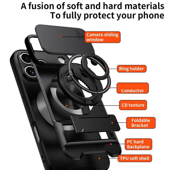 For iPhone 18 Pro / 17 Pro Magnetic Case Ring Holder Foldable Kickstand TPU PC Phone Cover with Camera Lens Slider - Black - 6