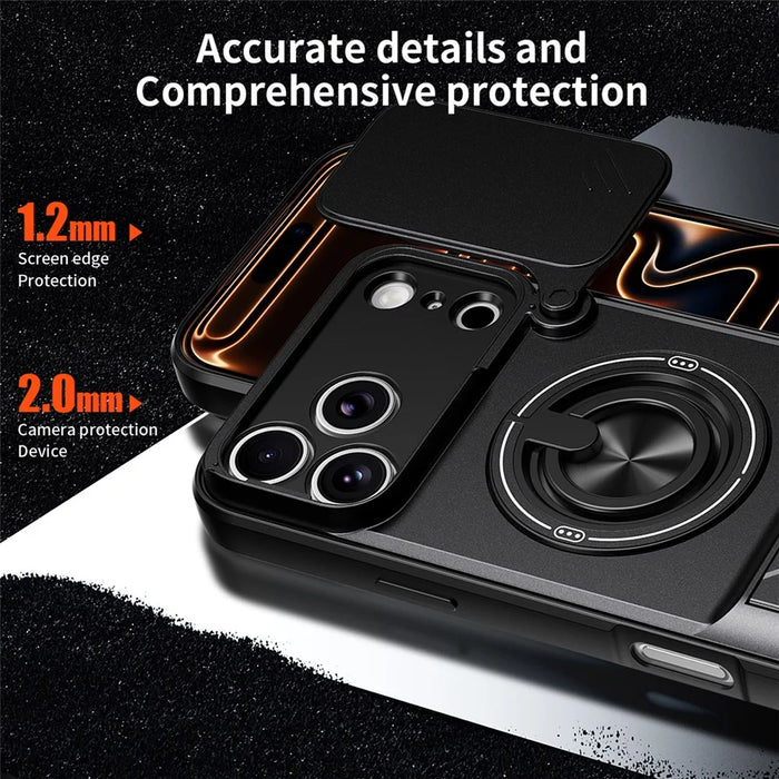For iPhone 18 Pro / 17 Pro Magnetic Case Ring Holder Foldable Kickstand TPU PC Phone Cover with Camera Lens Slider - Black - 7
