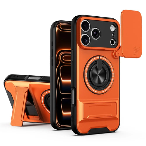 For iPhone 18 Pro Max / 17 Pro Max Magnetic Case Ring Holder Foldable Kickstand TPU PC Phone Cover with Camera Lens Slider - Orange - 1