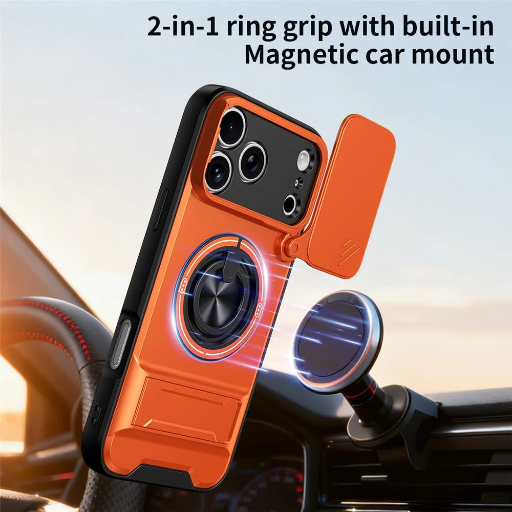 For iPhone 18 Pro Max / 17 Pro Max Magnetic Case Ring Holder Foldable Kickstand TPU PC Phone Cover with Camera Lens Slider - Orange - 2