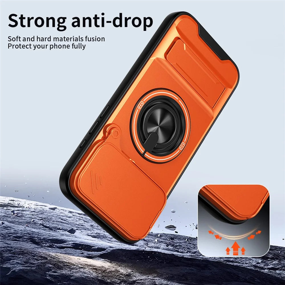 For iPhone 18 Pro Max / 17 Pro Max Magnetic Case Ring Holder Foldable Kickstand TPU PC Phone Cover with Camera Lens Slider - Orange - 3