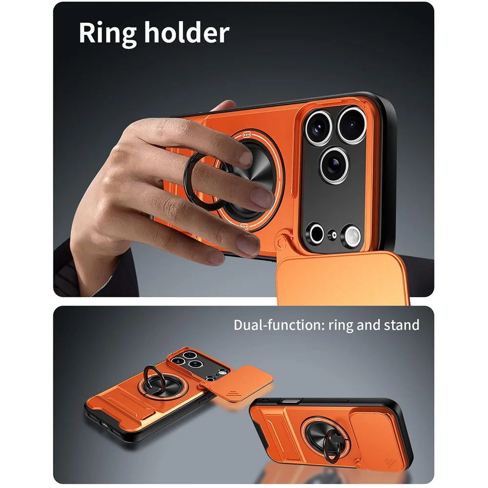 For iPhone 18 Pro Max / 17 Pro Max Magnetic Case Ring Holder Foldable Kickstand TPU PC Phone Cover with Camera Lens Slider - Orange - 4
