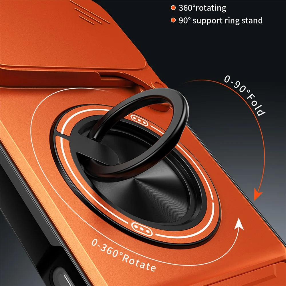 For iPhone 18 Pro Max / 17 Pro Max Magnetic Case Ring Holder Foldable Kickstand TPU PC Phone Cover with Camera Lens Slider - Orange - 5