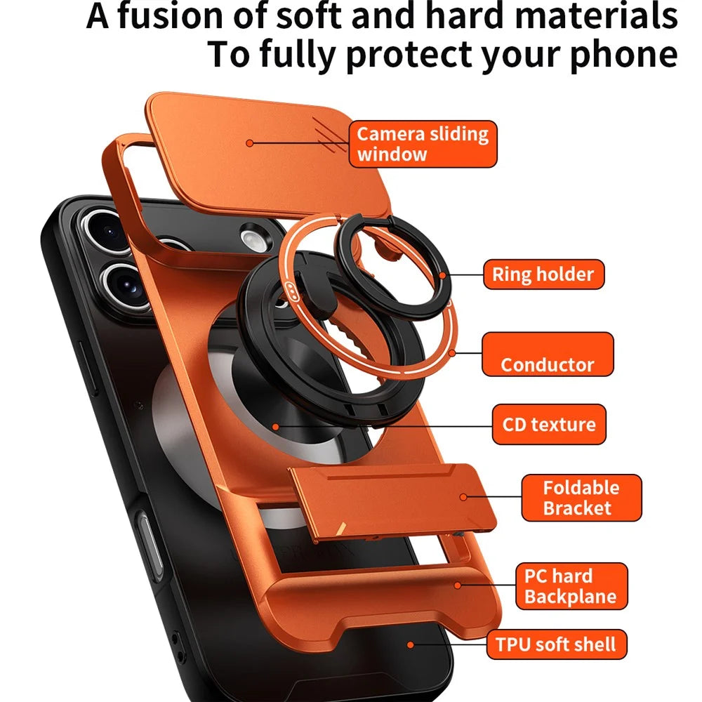For iPhone 18 Pro Max / 17 Pro Max Magnetic Case Ring Holder Foldable Kickstand TPU PC Phone Cover with Camera Lens Slider - Orange - 6