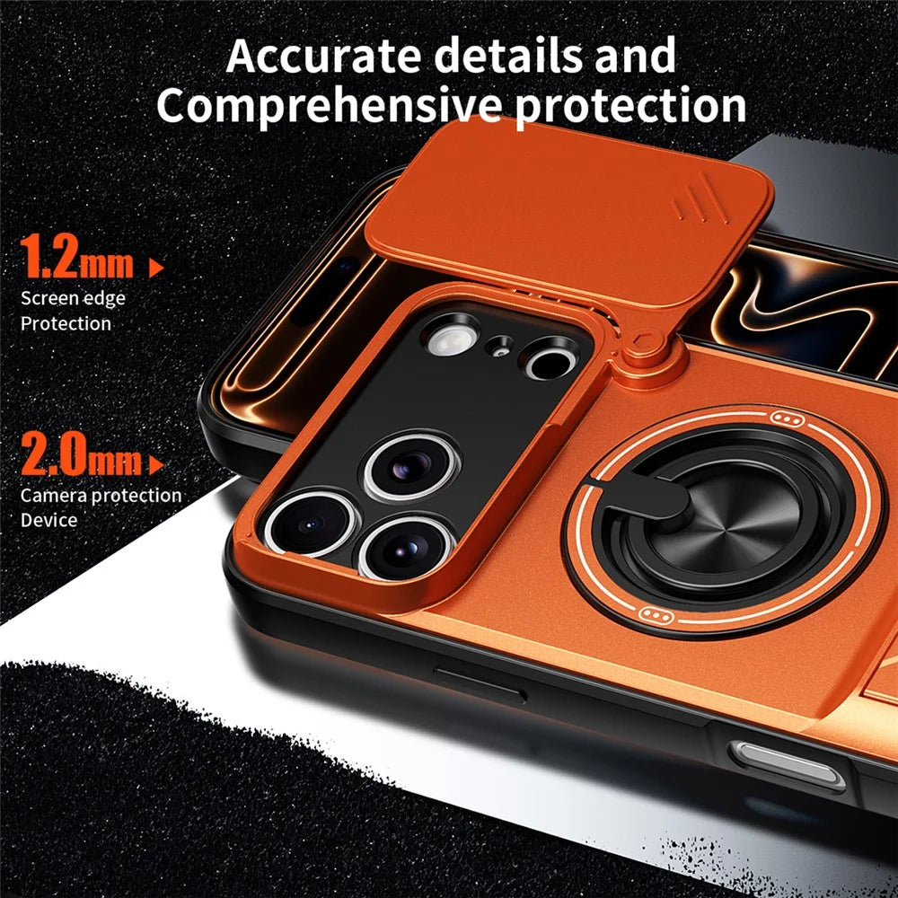 For iPhone 18 Pro Max / 17 Pro Max Magnetic Case Ring Holder Foldable Kickstand TPU PC Phone Cover with Camera Lens Slider - Orange - 7