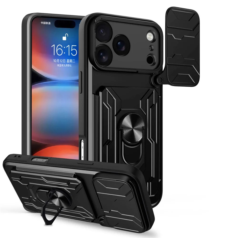 For iPhone 18 Pro Max / 17 Pro Max Case PC + TPU Kickstand Phone Back Cover with Camera Slider - Black - 1