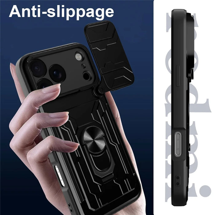 For iPhone 18 Pro Max / 17 Pro Max Case PC + TPU Kickstand Phone Back Cover with Camera Slider - Black - 5