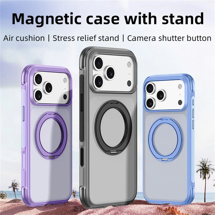 For iPhone 18 Pro Max / 17 Pro Max Case with Magnetic Kickstand Air Cushion Matte Translucent PC + TPU Phone Cover - Black - 6
