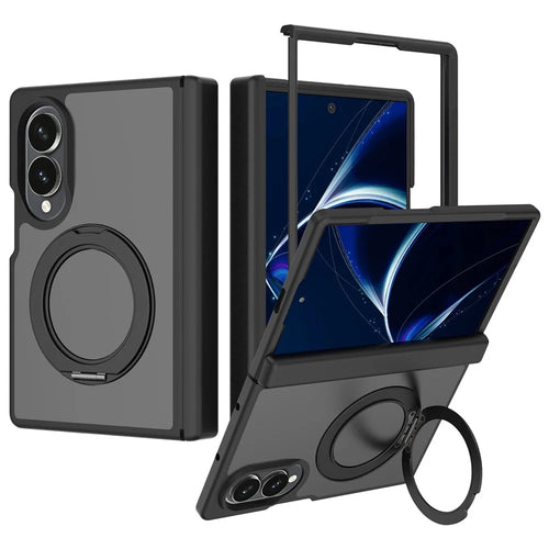 For Samsung Galaxy Z Fold8 Case Rotating Magnetic Kickstand TPU + Acrylic Skin-feel Phone Cover with Front Frame - Black - 1