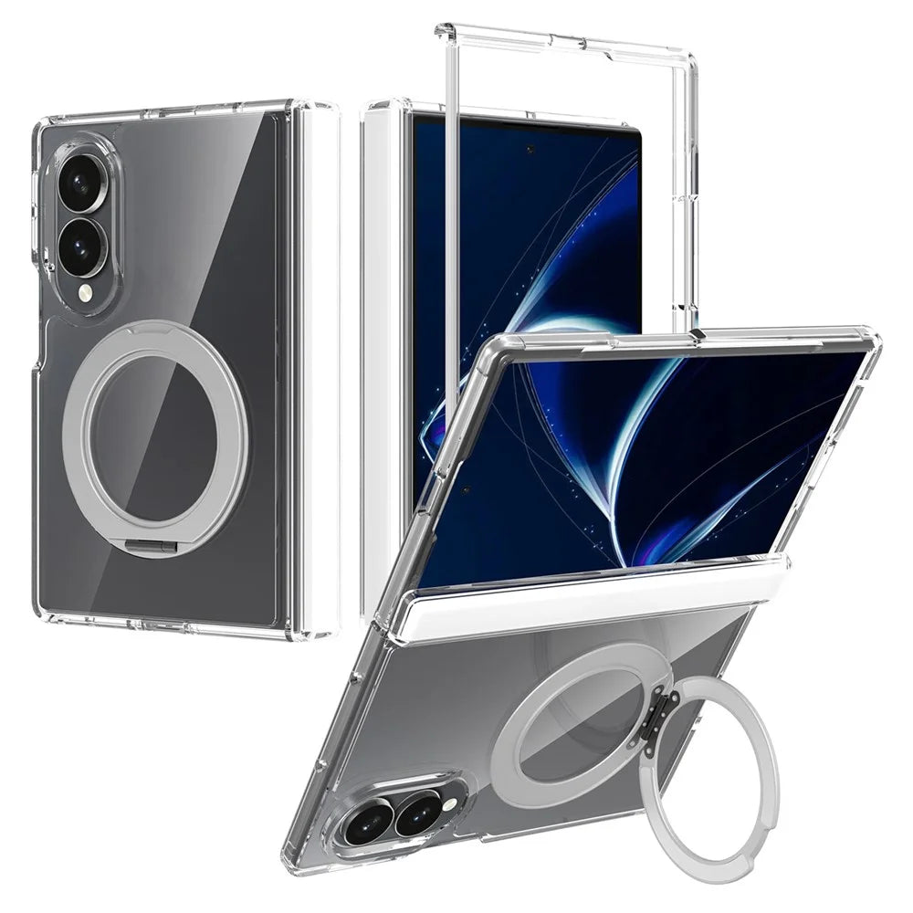 For Samsung Galaxy Z Fold8 Case Rotating Magnetic Kickstand TPU + Acrylic Clear Phone Cover with Front Frame - Transparent - 1