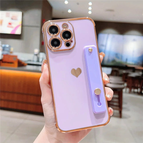 For iPhone 15 Pro Max Case with Strip Kickstand Electroplating Edge Love Heart Soft TPU Phone Cover - Purple - 1