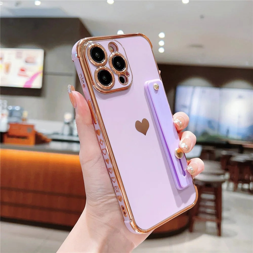 For iPhone 15 Pro Max Case with Strip Kickstand Electroplating Edge Love Heart Soft TPU Phone Cover - Purple - 2