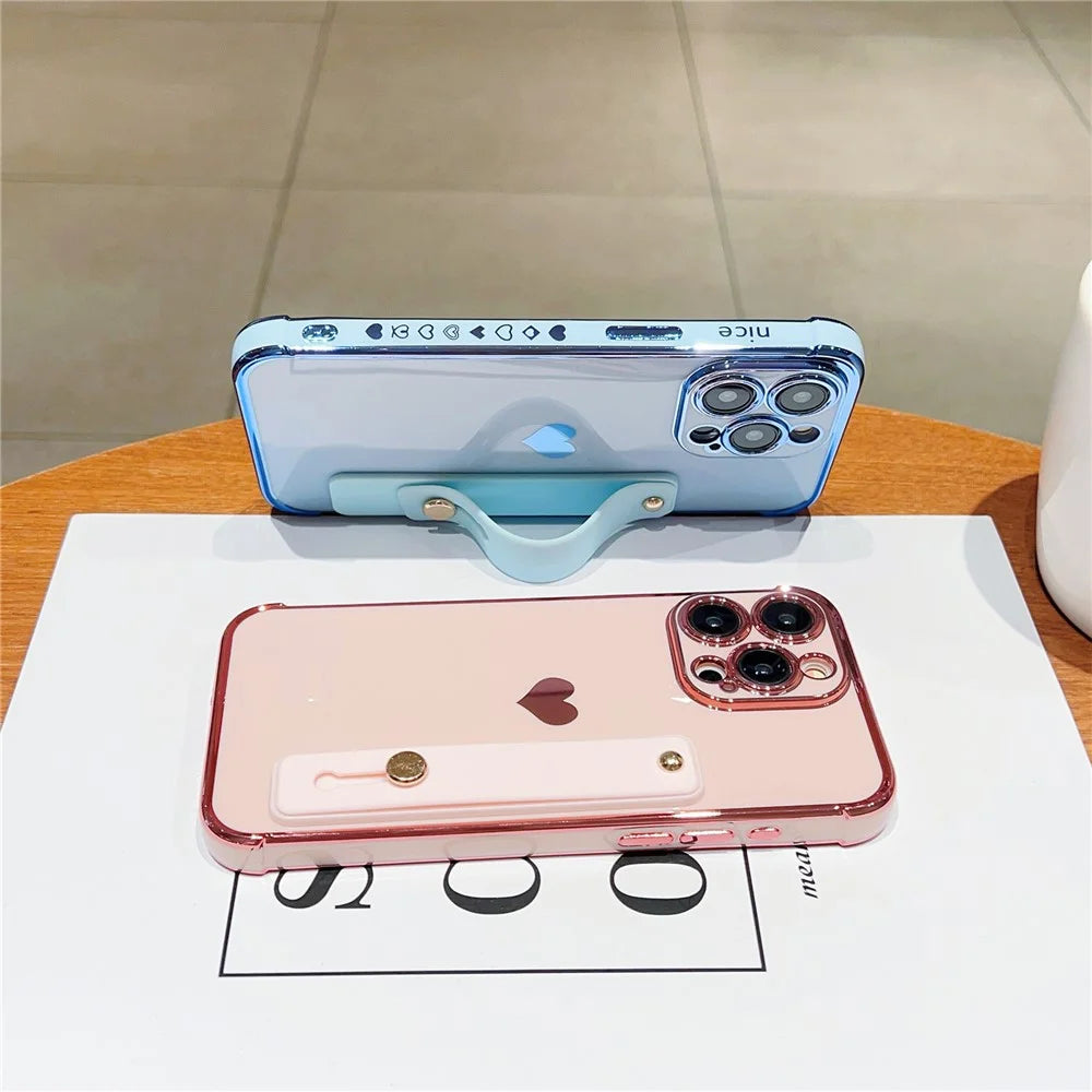 For iPhone 15 Pro Max Case with Strip Kickstand Electroplating Edge Love Heart Soft TPU Phone Cover - Purple - 4