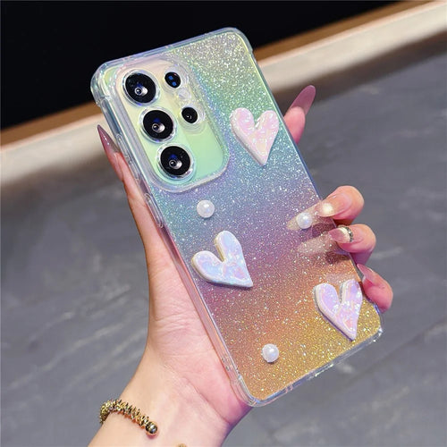 ForSamsung Galaxy S26 Ultra Case Heart Decor Clear TPU Phone Cover with Colorful Gradient Glitter Paper - Iridescent Gold - 1