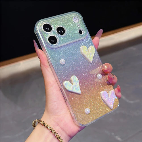 For iPhone 17 Pro Max Case Heart Decor Clear TPU Phone Cover with Colorful Gradient Glitter Paper - Iridescent Gold - 1