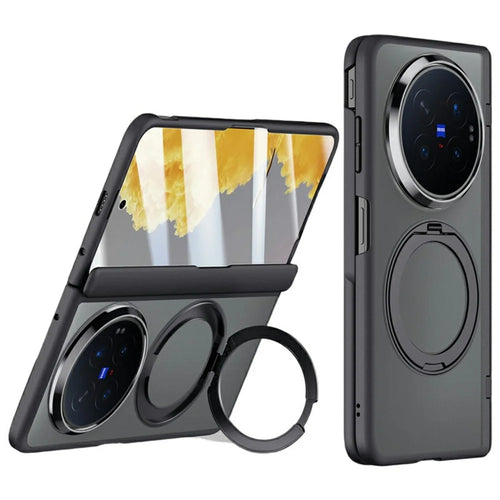 For vivo X Fold6 5G Case Magnetic Kickstand PC + TPU Matte Phone Cover with Tempered Glass Screen Protector - Black - 1