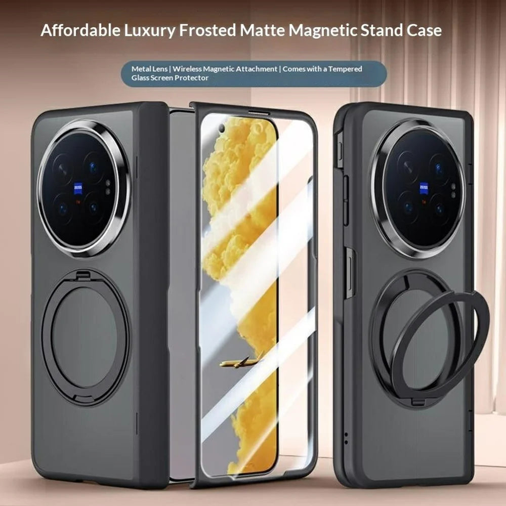 For vivo X Fold6 5G Case Magnetic Kickstand PC + TPU Matte Phone Cover with Tempered Glass Screen Protector - Black - 2