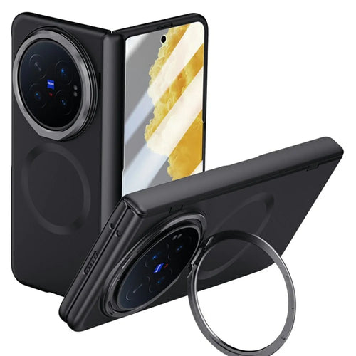 For vivo X Fold6 5G Magnetic Case Hard PC Phone Cover with HD Tempered Glass Film, Lens Kickstand - Black - 1