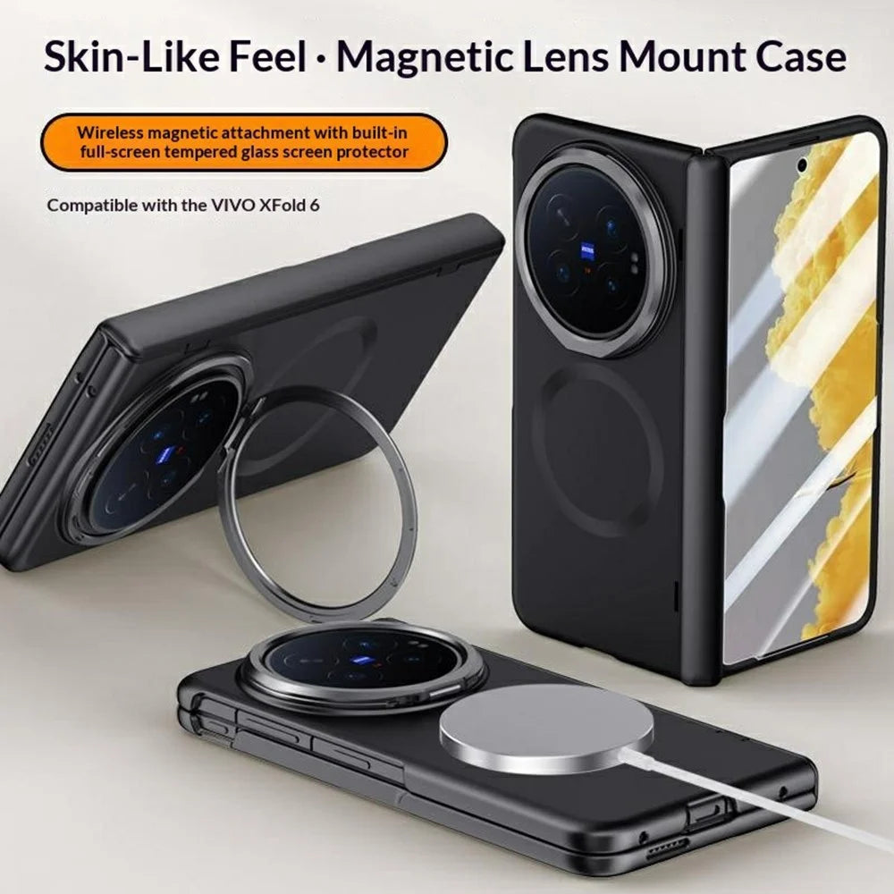 For vivo X Fold6 5G Magnetic Case Hard PC Phone Cover with HD Tempered Glass Film, Lens Kickstand - Black - 2